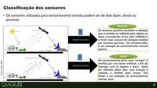 9
• Os sensores utilizados para sensoriamento remoto podem ser de dois tipos: ativos ou
passivos.
Classificação dos sensores
PASSIVO OU ATIVO ?
PASSIVO OU ATIVO?
Os sensores passivos recolhem a radiação
que é emitida ou refletida pelo objeto ou
áreas circundantes. A luz solar refletida é
a fonte mais comum de radiação medida
por sensores passivos. Um infravermelho
é um exemplo de sensoriamento remoto
passivo.
No sensoriamento ativo, uma "energia" é
emitida por uma fonte artificial, a fim de
interagir com os objetos e áreas. Após
ser refletida pelos alvo, essa energia é
captada e medida pelo sensor. Um
Radar é um exemplo de sensoriamento
remoto ativo.
PASSIVO
ATIVO
Fonte:
Victor,
2021.
 