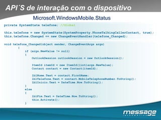 Packaging & DeploymentCriação do ficheiro CABModelo .CAB para instalação nos equipamentos Windows MobilePermite instalação directa no equipamentoA partir de cartão de memória (c/ eventual auto-instalação na inserção do cartão)Cópia manualEnvio por mailDownload (directo ou página criada para o efeito)Link directo pode ser enviado por SMSCom o .CAB pode-se...Copiar ficheiros para pastas próprias e de sistemaCriar atalhosInserir valores no Registry