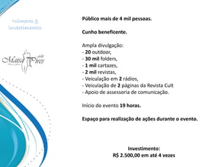 Público mais de 4 mil pessoas.
Cunho beneficente.
Ampla divulgação:
- 20 outdoor,
- 30 mil folders,
- 1 mil cartazes,
- 2 mil revistas,
- Veiculação em 2 rádios,
- Veiculação de 2 páginas da Revista Cult
- Apoio de assessoria de comunicação.
Início do evento 19 horas.
Espaço para realização de ações durante o evento.
Investimento:
R$ 2.500,00 em até 4 vezes
Números &
investimentos
 