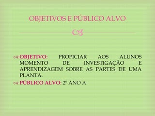 
 OBJETIVO: PROPICIAR AOS ALUNOS
MOMENTO DE INVESTIGAÇÃO E
APRENDIZAGEM SOBRE AS PARTES DE UMA
PLANTA.
 PÚBLICO ALVO: 2º ANO A
OBJETIVOS E PÚBLICO ALVO
 