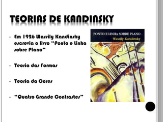 TEORIAS DE KANDINSKY
•

Em 1926 Wassily Kandinsky
escrevia o livro “Ponto e Linha
sobre Plano”

•

Teoria das Formas

•

Teoria da Cores

•

“Quatro Grande Contrastes”

 