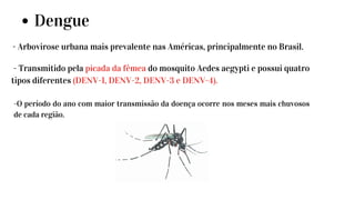 Dengue
- Arbovirose urbana mais prevalente nas Américas, principalmente no Brasil.
- Transmitido pela picada da fêmea do mosquito Aedes aegypti e possui quatro
tipos diferentes (DENV-1, DENV-2, DENV-3 e DENV-4).
-O período do ano com maior transmissão da doença ocorre nos meses mais chuvosos
de cada região.
 