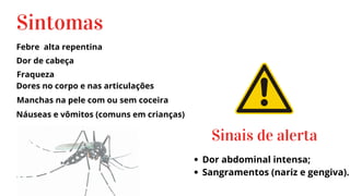 Febre alta repentina
Sintomas
Dor de cabeça
Dores no corpo e nas articulações
Fraqueza
Manchas na pele com ou sem coceira
Náuseas e vômitos (comuns em crianças)
Sinais de alerta
Dor abdominal intensa;
Sangramentos (nariz e gengiva).
 