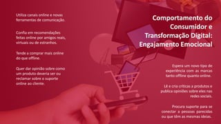 Utiliza canais online e novas
ferramentas de comunicação.
Confia em recomendações
feitas online por amigos reais,
virtuais ou de estranhos.
Tende a comprar mais online
do que offline.
Quer dar opinião sobre como
um produto deveria ser ou
reclamar sobre o suporte
online ao cliente.
Espera um novo tipo de
experiência com as marcas
tanto offline quanto online.
Lê e cria críticas a produtos e
publica opiniões sobre eles nas
redes sociais.
Procura suporte para se
conectar a pessoas parecidas
ou que têm as mesmas ideias.
Comportamento do
Consumidor e
Transformação Digital:
Engajamento Emocional
 