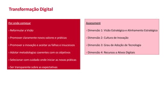 Transformação Digital
Assessment
› Dimensão 1: Visão Estratégica e Alinhamento Estratégico
› Dimensão 2: Cultura de Inovação
› Dimensão 3: Grau de Adoção de Tecnologia
› Dimensão 4: Recursos a Ativos Digitais
Por onde começar
› Reformular a Visão
› Promover claramente novos valores e práticas
› Promover a inovação e aceitar as falhas e insucessos
› Adotar metodologias coerentes com os objetivos
› Selecionar com cuidado onde iniciar as novas práticas
› Ser transparente sobre as expectativas
 