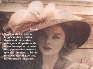Sophia Gostava de luz, pedras, brisas, ondas e búzios. Gostava do ritmo das paisagens, do perfume da tília e do respirar da noite. Não gostava das pessoas que não têm dentro. Só têm fora. Não gostava de burocracias e injustiças.  