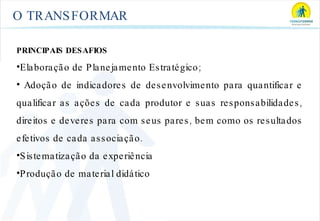 O TRANSFORMAR PRINCIPAIS DESAFIOS Elaboração de Planejamento Estratégico; Adoção de indicadores de desenvolvimento para quantificar e qualificar as ações de cada produtor e suas responsabilidades, direitos e deveres para com seus pares, bem como os resultados efetivos de cada associação.  Sistematização da experiência Produção de material didático  