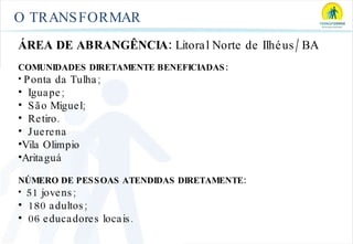 O TRANSFORMAR ÁREA DE ABRANGÊNCIA:  Litoral Norte de Ilhéus/ BA COMUNIDADES DIRETAMENTE BENEFICIADAS: Ponta da Tulha; Iguape; São Miguel;  Retiro. Juerena Vila Olimpio Aritaguá NÚMERO DE PESSOAS ATENDIDAS DIRETAMENTE: 51 jovens; 180 adultos; 06 educadores locais. 