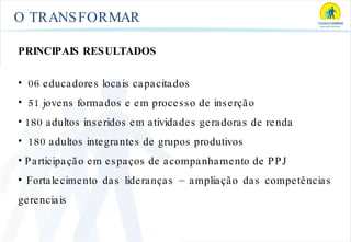 O TRANSFORMAR PRINCIPAIS RESULTADOS 06 educadores locais capacitados 51 jovens formados e em processo de inserção 180 adultos inseridos em atividades geradoras de renda 180 adultos integrantes de grupos produtivos  Participação em espaços de acompanhamento de PPJ Fortalecimento das lideranças – ampliação das competências gerenciais 