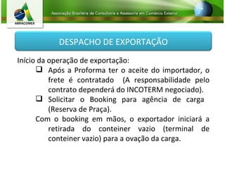 Início da operação de exportação: Após a Proforma ter o aceite do importador, o frete é contratado  (A responsabilidade pelo contrato dependerá do INCOTERM negociado). Solicitar o Booking para agência de carga  (Reserva de Praça). Com o booking em mãos, o exportador iniciará a retirada do conteiner vazio (terminal de conteiner vazio) para a ovação da carga.  DESPACHO DE EXPORTAÇÃO 