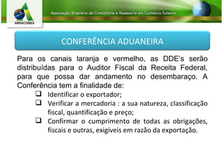 Para os canais laranja e vermelho, as DDE’s serão distribuídas para o Auditor Fiscal da Receita Federal, para que possa dar andamento no desembaraço. A Conferência tem a finalidade de: Identificar o exportador; Verificar a mercadoria : a sua natureza, classificação fiscal, quantificação e preço;  Confirmar o cumprimento de todas as obrigações, fiscais e outras, exigíveis em razão da exportação. CONFERÊNCIA ADUANEIRA 