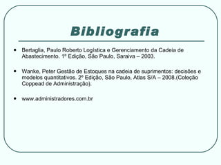Bibliografia Bertaglia, Paulo Roberto Logística e Gerenciamento da Cadeia de Abastecimento. 1º Edição, São Paulo, Saraiva – 2003.   Wanke, Peter Gestão de Estoques na cadeia de suprimentos: decisões e modelos quantitativos. 2º Edição, São Paulo, Atlas S/A – 2008.(Coleção Coppead de Administração).   www.administradores.com.br 