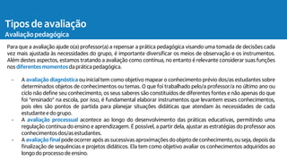 Tipos de avaliação
Avaliação pedagógica
Para que a avaliação ajude o(a) professor(a) a repensar a prática pedagógica visando uma tomada de decisões cada
vez mais ajustada às necessidades do grupo, é importante diversificar os meios de observação e os instrumentos.
Além destes aspectos, estamos tratando a avaliação como contínua, no entanto é relevante considerar suas funções
nos diferentes momentos da prática pedagógica.
- A avaliação diagnóstica ou inicial tem como objetivo mapear o conhecimento prévio dos/as estudantes sobre
determinados objetos de conhecimentos ou temas. O que foi trabalhado pelo/a professor/a no último ano ou
ciclo não define seu conhecimento, os seus saberes são constituídos de diferentes fontes e não apenas do que
foi "ensinado" na escola, por isso, é fundamental elaborar instrumentos que levantem esses conhecimentos,
pois eles são pontos de partida para planejar situações didáticas que atendam às necessidades de cada
estudante e do grupo.
- A avaliação processual acontece ao longo do desenvolvimento das práticas educativas, permitindo uma
regulação contínua do ensino e aprendizagem. É possível, a partir dela, ajustar as estratégias do professor aos
conhecimentosdos/as estudantes.
- A avaliação final pode ocorrer após as sucessivas aproximações do objeto de conhecimento, ou seja, depois da
finalização de sequências e projetos didáticos. Ela tem como objetivo avaliar os conhecimentos adquiridos ao
longo do processo de ensino.
 