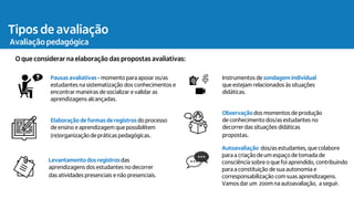 Observação dos momentos de produção
de conhecimento dos/as estudantes no
decorrer das situações didáticas
propostas.
Elaboração de formas de registros do processo
de ensino e aprendizagem que possibilitem
(re)organização de práticas pedagógicas.
Levantamento dos registros das
aprendizagens dos estudantes no decorrer
das atividades presenciais e não presenciais.
Instrumentos de sondagem individual
que estejam relacionados às situações
didáticas.
Pausas avaliativas - momento para apoiar os/as
estudantes na sistematização dos conhecimentos e
encontrar maneiras de socializar e validar as
aprendizagens alcançadas.
Ações de planejamento
Atividades avaliativas
O que considerar na elaboração das propostas avaliativas:
Tipos de avaliação
Avaliação pedagógica
Autoavaliação dos/as estudantes, que colabore
para a criação de um espaço de tomada de
consciência sobre o que foi aprendido, contribuindo
para a constituição de sua autonomia e
corresponsabilização com suas aprendizagens.
Vamos dar um zoom na autoavaliação, a seguir.
 