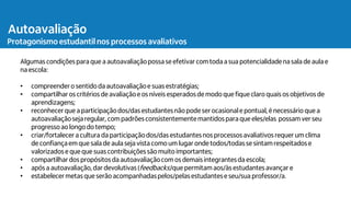 Ações de planejamento
Atividades avaliativas
Autoavaliação
Protagonismo estudantil nos processos avaliativos
Algumas condiçõespara que a autoavaliaçãopossa se efetivar com toda a sua potencialidadena sala de aula e
na escola:
• compreendero sentido da autoavaliaçãoe suas estratégias;
• compartilhar os critérios de avaliaçãoe os níveis esperadosde modo que fique claro quais os objetivos de
aprendizagens;
• reconhecer que a participaçãodos/das estudantesnão pode ser ocasionale pontual,é necessário que a
autoavaliaçãoseja regular, com padrões consistentementemantidospara que eles/elas possam ver seu
progresso ao longo do tempo;
• criar/fortalecer a cultura da participaçãodos/das estudantesnos processos avaliativos requer um clima
de confiançaem que sala de aula seja vista como um lugar ondetodos/todasse sintam respeitadose
valorizados e que que suas contribuições são muito importantes;
• compartilhar dos propósitosda autoavaliaçãocom os demais integrantesda escola;
• após a autoavaliação,dar devolutivas (feedbacks)que permitamaos/às estudantesavançar e
• estabelecermetas que serão acompanhadaspelos/pelasestudantese seu/sua professor/a.
 