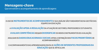 Que envolvem o acompanhamentode aprendizagens
Mensagens-chave
O USO DE INSTRUMENTOS DE ACOMPANHAMENTO E SUA ANÁLISE SÃO FUNDAMENTAIS NA GESTÃO DAS
EQUIPESDA EDUCAÇÃO.
A AVALIAÇÃO APOIA A REGULAÇÃO DA ATUAÇÃO DE GESTORES,PROFESSORESE ESTUDANTES.
AVALIAR COMPETÊNCIAS REQUERDIVERSIFICAR OS MEIOSE INSTRUMENTOSDE AVALIAÇÃO.
ANALISAR OS DADOS EDUCACIONAIS E SOCIAIS APOIA A DEFINIÇÃO DOS FOCOS PRIORITÁRIOS DE
ACOMPANHAMENTO.
O ACOMPANHAMENTODAS APRENDIZAGENS ENVOLVE AÇÕES DE DIFERENTES PROFISSIONAIS DA
EDUCAÇÃO QUE SE ARTICULAM.
 