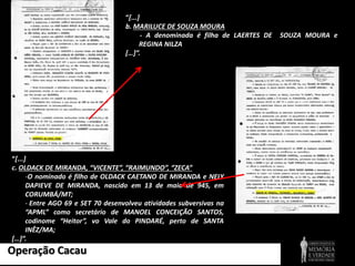 Operação Cacau
“[...]
b. MARILUCE DE SOUZA MOURA
- A denominada é filha de LAERTES DE SOUZA MOURA e
REGINA NILZA
[…]”.
“[...]
c. OLDACK DE MIRANDA, “VICENTE”, “RAIMUNDO”, “ZECA”
-O nominado é filho de OLDACK CAETANO DE MIRANDA e NELY
DAPIEVE DE MIRANDA, nascido em 13 de maio de 945, em
CORUMBÁ/MT;
- Entre AGO 69 e SET 70 desenvolveu atividades subversivas na
“APML” como secretário de MANOEL CONCEIÇÃO SANTOS,
codinome “Heitor”, vo Vale do PINDARÉ, perto de SANTA
INÊZ/MA;
[…]”.
 
