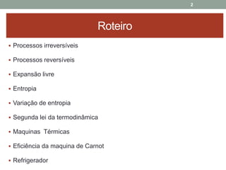 Roteiro
 Processos irreversíveis
 Processos reversíveis
 Expansão livre
 Entropia
 Variação de entropia
 Segunda lei da termodinâmica
 Maquinas Térmicas
 Eficiência da maquina de Carnot
 Refrigerador
2
 