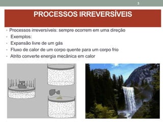 PROCESSOS IRREVERSÍVEIS
• Processos irreversíveis: sempre ocorrem em uma direção
• Exemplos:
• Expansão livre de um gás
• Fluxo de calor de um corpo quente para um corpo frio
• Atrito converte energia mecânica em calor
3
 