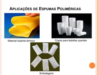 APLICAÇÕES DE ESPUMAS POLIMÉRICAS
Embalagens
Copos para bebidas quentesMaterial isolante térmico
 