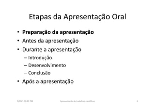 Etapas	
  da	
  Apresentação	
  Oral	
  
•  Preparação	
  da	
  apresentação	
  
•  Antes	
  da	
  apresentação	
  
•  Durante	
  a	
  apresentação	
  
– Introdução	
  
– Desenvolvimento	
  
– Conclusão	
  
•  Após	
  a	
  apresentação	
  
9/10/13	
  8:02	
  PM	
   6	
  Apresentação	
  de	
  trabalhos	
  cien3ﬁcos	
  
 