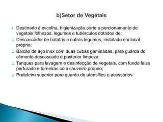  Destinado à escolha, higienização,corte e porcionamento de
vegetais folhosos, legumes e tubérculos dotados de:
 Descascador de batatas e outros legumes, instalado em local
próprio;
 Balcão de aço inox com duas cubas geminadas, para guarda do
alimento descascado e posterior limpeza;
 Tanques para lavagem e desinfecção de vegetais, com fundo falso
perfurado e torneiras com chuveiro próprio;
 Prateleira superior para guarda de utensílios e acessórios.
 