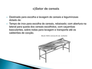  Destinado para escolha e lavagem de cereais e leguminosas
dotado de:
 Tampo de inox para escolha de cereais, rebaixado; com abertura na
lateral para queda dos cereais escolhidos, com caçambas
basculantes, sobre rodas para lavagem e transporte até os
caldeirões de cocção.
 