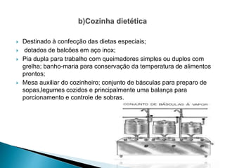 Destinado à confecção das dietas especiais;
 dotados de balcões em aço inox;
 Pia dupla para trabalho com queimadores simples ou duplos com
grelha; banho-maria para conservação da temperatura de alimentos
prontos;
 Mesa auxiliar do cozinheiro; conjunto de básculas para preparo de
sopas,legumes cozidos e principalmente uma balança para
porcionamento e controle de sobras.
 