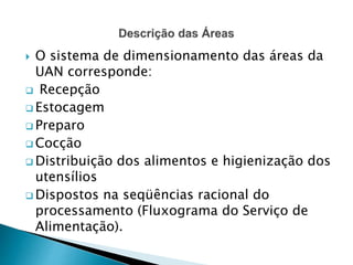  O sistema de dimensionamento das áreas da
UAN corresponde:
 Recepção
 Estocagem
 Preparo
 Cocção
 Distribuição dos alimentos e higienização dos
utensílios
 Dispostos na seqüências racional do
processamento (Fluxograma do Serviço de
Alimentação).
 