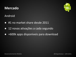 Mercado
Android

● #1 no market share desde 2011
● 12 novas ativações a cada segundo
● +600k apps disponíveis para download




Desenvolvimento Mobile                @diegodukao | @mobits
 