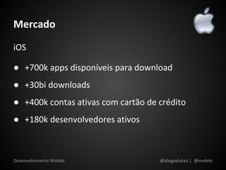 Mercado
iOS

● +700k apps disponíveis para download
● +30bi downloads
● +400k contas ativas com cartão de crédito
● +180k desenvolvedores ativos



Desenvolvimento Mobile              @diegodukao | @mobits
 