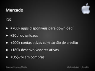 Mercado
iOS

● +700k apps disponíveis para download
● +30bi downloads
● +400k contas ativas com cartão de crédito
● +180k desenvolvedores ativos
● +US$7bi em compras

Desenvolvimento Mobile              @diegodukao | @mobits
 