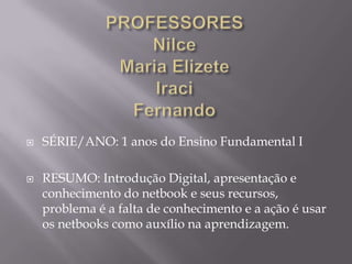 DESAFIOS, DIFICULDADES E SOLUÇÕESLigar com a ansiedade das crianças.As dificuldades são muitas e o trabalho no 1 momento precisa ser individualizando.Carregar os laptop antes de serem usados, considerando que há pouco espaço para carregá-los.Laptop com problemas.	Soluções:Alunos mais avançados auxiliando os com maior dificuldade ( Formar grupos de trabalho).
