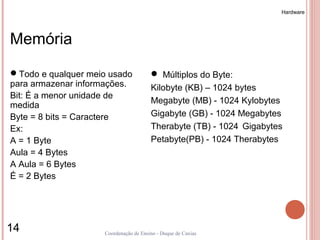 Hardware




Memória
Todo e qualquer meio usado             Múltiplos do Byte:
para armazenar informações.            Kilobyte (KB) – 1024 bytes
Bit: É a menor unidade de
                                       Megabyte (MB) - 1024 Kylobytes
medida
Byte = 8 bits = Caractere              Gigabyte (GB) - 1024 Megabytes
Ex:                                    Therabyte (TB) - 1024 Gigabytes
A = 1 Byte                             Petabyte(PB) - 1024 Therabytes
Aula = 4 Bytes
A Aula = 6 Bytes
É = 2 Bytes




14                  Coordenação de Ensino - Duque de Caxias
 