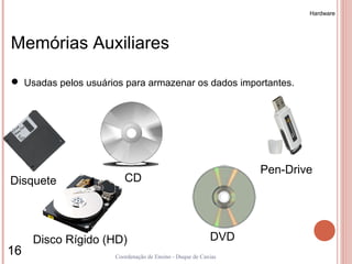 Hardware




Memórias Auxiliares

 Usadas pelos usuários para armazenar os dados importantes.




                                                                Pen-Drive
Disquete                 CD




     Disco Rígido (HD)                                    DVD
16                    Coordenação de Ensino - Duque de Caxias
 