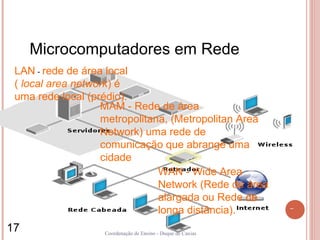 Microcomputadores em Rede
 LAN - rede de área local
 ( local area network) é
 uma rede local (prédio).
                   MAM - Rede de área
                   metropolitana, (Metropolitan Area
                   Network) uma rede de
                   comunicação que abrange uma
                   cidade
                               WAN - Wide Area
                               Network (Rede de área
                               alargada ou Rede de
                               longa distância).
17                 Coordenação de Ensino - Duque de Caxias
 