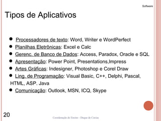 Software


Tipos de Aplicativos

  Processadores de texto: Word, Writer e WordPerfect
  Planilhas Eletrônicas: Excel e Calc
  Gerenc. de Banco de Dados: Access, Paradox, Oracle e SQL
  Apresentação: Power Point, Presentations,lmpress
  Artes Gráficas: Indesigner, Photoshop e Corel Draw
  Ling. de Programação: Visual Basic, C++, Delphi, Pascal,
 HTML, ASP. Java
  Comunicação: Outlook, MSN, ICQ, Skype




20                 Coordenação de Ensino - Duque de Caxias
 