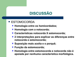 DISCUSSÃO
 ESTOMOCORDA
Homologia entre os hemicordados;
Homologia com a notocorda;
Características notocorda X estomocorda;
2 interpretações para explicar as diferenças entre
notocorda e estomocorda;
Suposição mais aceita e o porquê;
Função da estomocorda;
Homologia entre estomocorda e notocorda não é
apoiada por nenhuma característica morfológica.
 