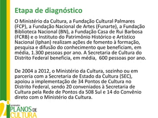 Etapa de diagnóstico
O Ministério da Cultura, a Fundação Cultural Palmares
(FCP), a Fundação Nacional de Artes (Funarte), a Fundação
Biblioteca Nacional (BN), a Fundação Casa de Rui Barbosa
(FCRB) e o Instituto do Patrimônio Histórico e Artístico
Nacional (Iphan) realizam ações de fomento à formação,
pesquisa e difusão do conhecimento que beneficiam, em
média, 1.300 pessoas por ano. A Secretaria de Cultura do
Distrito Federal beneficia, em média, 600 pessoas por ano.

De 2004 a 2012, o Ministério da Cultura, sozinho ou em
parceria com a Secretaria de Estado da Cultura (SEC),
apoiou a implementação de 34 Pontos de Cultura no
Distrito Federal, sendo 20 conveniados à Secretaria de
Cultura pela Rede de Pontos da 508 Sul e 14 do Convênio
direto com o Ministério da Cultura.
 
