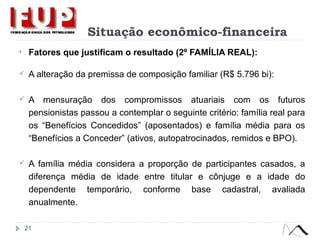 Situação econômico-financeira
• Fatores que justificam o resultado (2º FAMÍLIA REAL):
 A alteração da premissa de composição familiar (R$ 5.796 bi):
 A mensuração dos compromissos atuariais com os futuros
pensionistas passou a contemplar o seguinte critério: família real para
os “Benefícios Concedidos” (aposentados) e família média para os
“Benefícios a Conceder” (ativos, autopatrocinados, remidos e BPO).
 A família média considera a proporção de participantes casados, a
diferença média de idade entre titular e cônjuge e a idade do
dependente temporário, conforme base cadastral, avaliada
anualmente.
21
 