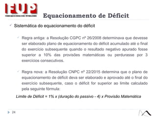 Equacionamento de Déficit
 Sistemática do equacionamento do déficit
 Regra antiga: a Resolução CGPC nº 26/2008 determinava que devesse
ser elaborado plano de equacionamento do déficit acumulado até o final
do exercício subsequente quando o resultado negativo apurado fosse
superior a 10% das provisões matemáticas ou perdurasse por 3
exercícios consecutivos.
 Regra nova: a Resolução CNPC nº 22/2015 determina que o plano de
equacionamento de déficit deva ser elaborado e aprovado até o final do
exercício subsequente, caso o déficit for superior ao limite calculado
pela seguinte fórmula:
Limite de Déficit = 1% x (duração do passivo - 4) x Provisão Matemática
24
 