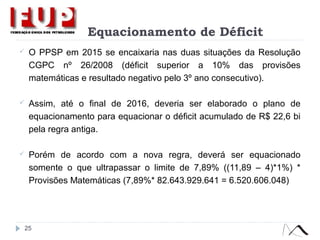 Equacionamento de Déficit
 O PPSP em 2015 se encaixaria nas duas situações da Resolução
CGPC nº 26/2008 (déficit superior a 10% das provisões
matemáticas e resultado negativo pelo 3º ano consecutivo).
 Assim, até o final de 2016, deveria ser elaborado o plano de
equacionamento para equacionar o déficit acumulado de R$ 22,6 bi
pela regra antiga.
 Porém de acordo com a nova regra, deverá ser equacionado
somente o que ultrapassar o limite de 7,89% ((11,89 – 4)*1%) *
Provisões Matemáticas (7,89%* 82.643.929.641 = 6.520.606.048)
25
 