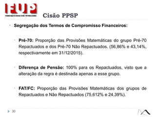 Cisão PPSP
• Segregação dos Termos de Compromisso Financeiros:
• Pré-70: Proporção das Provisões Matemáticas do grupo Pré-70
Repactuados e dos Pré-70 Não Repactuados. (56,86% e 43,14%,
respectivamente em 31/12/2015).
• Diferença de Pensão: 100% para os Repactuados, visto que a
alteração da regra é destinada apenas a esse grupo.
• FAT/FC: Proporção das Provisões Matemáticas dos grupos de
Repactuados e Não Repactuados (75,612% e 24,39%).
30
 