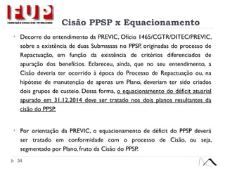 Cisão PPSP x Equacionamento
• Decorre do entendimento da PREVIC, Ofício 1465/CGTR/DITEC/PREVIC,
sobre a existência de duas Submassas no PPSP, originadas do processo de
Repactuação, em função da existência de critérios diferenciados de
apuração dos benefícios. Eclareceu, ainda, que no seu entendimento, a
Cisão deveria ter ocorrido à época do Processo de Repactuação ou, na
hipótese de manutenção de apenas um Plano, deveriam ter sido criados
dois grupos de custeio. Dessa forma, o equacionamento do déficit atuarial
apurado em 31.12.2014 deve ser tratado nos dois planos resultantes da
cisão do PPSP.
• Por orientação da PREVIC, o equacionamento de déficit do PPSP deverá
ser tratado em conformidade com o processo de Cisão, ou seja,
segmentado por Plano, fruto da Cisão do PPSP.
34
 