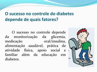 O sucesso no controle do diabetes
depende de quais fatores?
O sucesso no controle depende
da monitorização da glicemia,
medicação oral/insulina,
alimentação saudável, prática de
atividade física, apoio social e
familiar além da educação em
diabetes.
 