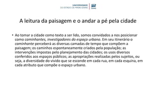 A leitura da paisagem e o andar a pé pela cidade
• Ao tomar a cidade como texto a ser lido, somos convidados a nos posicionar
como caminhantes, investigadores do espaço urbano. Em seu itinerário o
caminhante perceberá as diversas camadas de tempo que compõem a
paisagem; os caminhos espontaneamente criados pela população; as
intervenções impostas pelo planejamento das cidades; os usos diversos
conferidos aos espaços públicos; as apropriações realizadas pelos sujeitos, ou
seja, a diversidade do vivido que se esconde em cada rua, em cada esquina, em
cada atributo que compõe o espaço urbano.
 