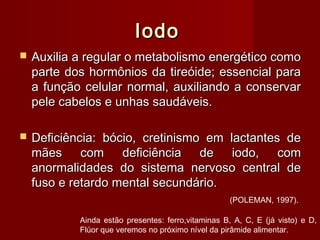 IodoIodo
 Auxilia a regular o metabolismo energético comoAuxilia a regular o metabolismo energético como
parte dos hormônios da tireóide; essencial paraparte dos hormônios da tireóide; essencial para
a função celular normal, auxiliando a conservara função celular normal, auxiliando a conservar
pele cabelos e unhas saudáveis.pele cabelos e unhas saudáveis.
 Deficiência: bócio, cretinismo em lactantes deDeficiência: bócio, cretinismo em lactantes de
mães com deficiência de iodo, commães com deficiência de iodo, com
anormalidades do sistema nervoso central deanormalidades do sistema nervoso central de
fuso e retardo mental secundário.fuso e retardo mental secundário.
Ainda estão presentes: ferro,vitaminas B, A, C, E (já visto) e D,
Flúor que veremos no próximo nível da pirâmide alimentar.
(POLEMAN, 1997).
 