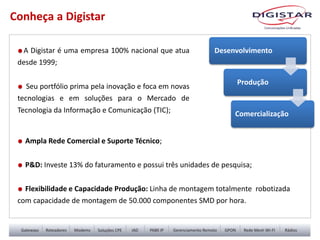 •A Digistar é uma empresa 100% nacional que atua
desde 1999;
• Seu portfólio prima pela inovação e foca em novas
tecnologias e em soluções para o Mercado de
Tecnologia da Informação e Comunicação (TIC);
Desenvolvimento
Produção
Comercialização
Conheça a Digistar
• Ampla Rede Comercial e Suporte Técnico;
• P&D: Investe 13% do faturamento e possui três unidades de pesquisa;
• Flexibilidade e Capacidade Produção: Linha de montagem totalmente robotizada
com capacidade de montagem de 50.000 componentes SMD por hora.
 