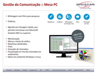 • Bilhetagem com filtro para pesquisa;
• Gráficos;
• Agenda com discagem rápida, que
permite sincronizar com Microsoft
Outlook 2007 ou superior;
• Monitoração;
• Menus e teclas de atalho;
• Relatórios detalhados;
• Chat;
• Gravação de chamadas;
• Visualização on-line das chamadas em
andamento;
• Opera em ambiente Windows e Linux.
PC não incluso
Gestão da Comunicação :: Mesa PC
 