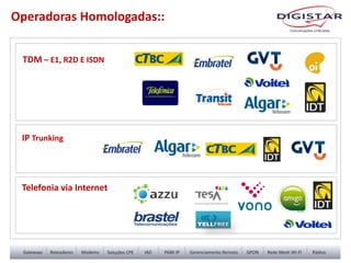 Operadoras Homologadas::
IP Trunking
TDM – E1, R2D E ISDN
Telefonia via Internet
 
